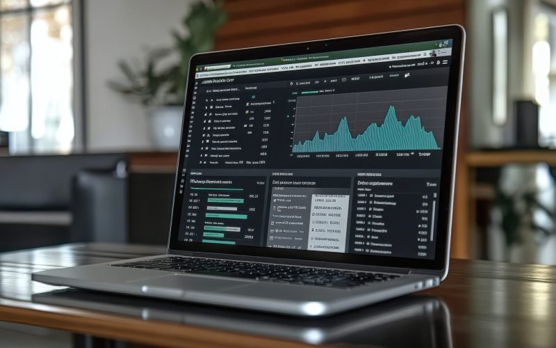 A laptop is open to a screen displaying a graph. The laptop is on a wooden table in a room