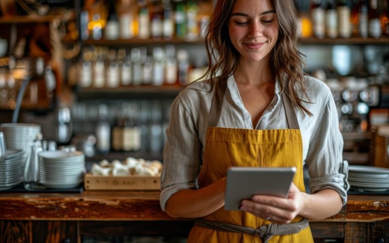 bartender standing in a restaurant with tablet on her wrist.
